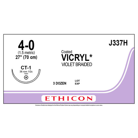 Ethicon COATED VICRYL Suture, Size: 4-0, Needle: CT-1, VIOLET, 36/bx. MPN: J337H