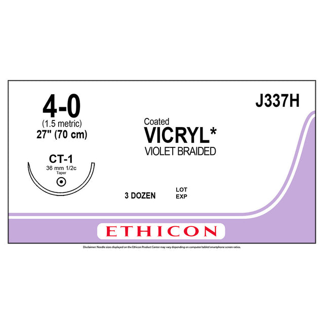 Ethicon COATED VICRYL Suture, Size: 4-0, Needle: CT-1, VIOLET, 36/bx. MPN: J337H