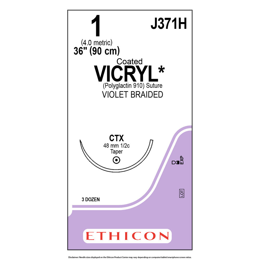 Ethicon COATED VICRYL Suture, Size: 1, Needle: CTX, VIOLET, 36/bx. MPN: J371H