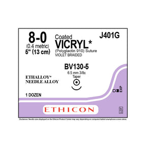 Ethicon COATED VICRYL Suture, Size: 8-0, Needle: BV130-5, VIOLET, 12/bx. MPN: J401G