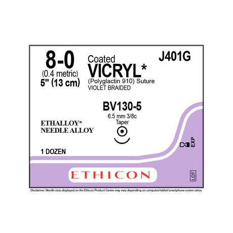 Ethicon COATED VICRYL Suture, Size: 8-0, Needle: BV130-5, VIOLET, 12/bx. MPN: J401G