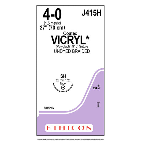 Ethicon COATED VICRYL Suture, Size: 4-0, Needle: SH, UNDYED, 36/bx. MPN: J415H