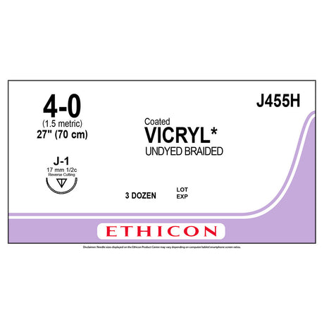 Ethicon COATED VICRYL Suture, Size: 4-0, Needle: J-1, UNDYED, 36/bx. MPN: J455H
