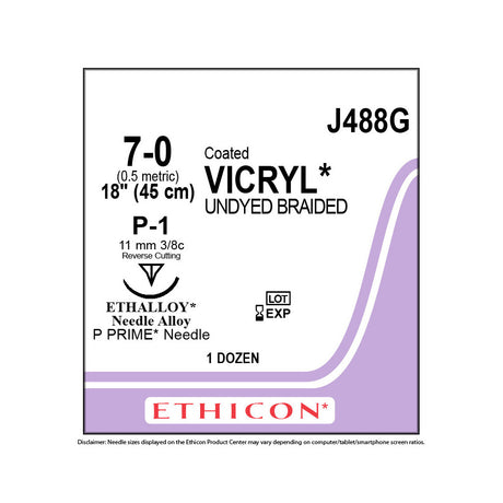 Ethicon COATED VICRYL Suture, Size: 7-0, Needle: P-1, UNDYED, 12/bx. MPN: J488G