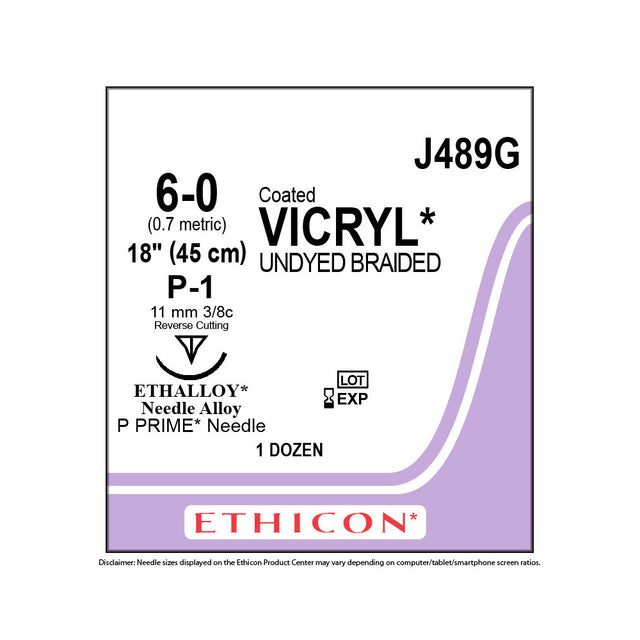 Ethicon COATED VICRYL Suture, Size: 6-0, Needle: P-1, UNDYED, 12/bx. MPN: J489G