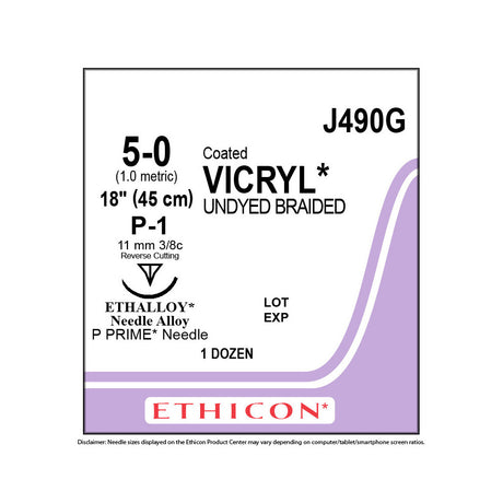 Ethicon COATED VICRYL Suture, Size: 5-0, Needle: P-1, UNDYED, 12/bx. MPN: J490G