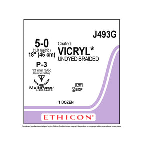 Ethicon COATED VICRYL Suture, Size: 5-0, Needle: P-3, UNDYED, 12/bx. MPN: J493G