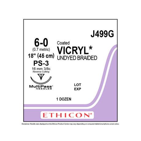 Ethicon COATED VICRYL Suture, Size: 6-0, Needle: PS-3, UNDYED, 12/bx. MPN: J499G