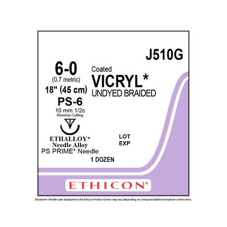 Ethicon COATED VICRYL Suture, Size: 6-0, Needle: PS-6, UNDYED, 12/bx. MPN: J510G