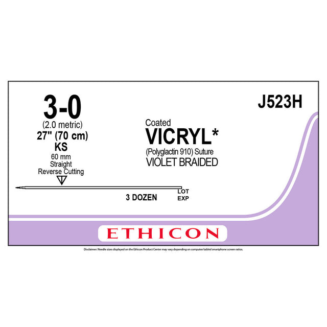 Ethicon COATED VICRYL Suture, Size: 3-0, Needle: KS, VIOLET, 36/bx. MPN: J523H