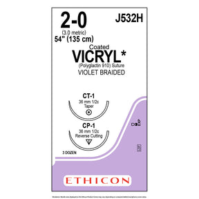 Ethicon COATED VICRYL Suture, Size: 2-0, Needle: CP-1, CT-1, VIOLET, 36/bx. MPN: J532H