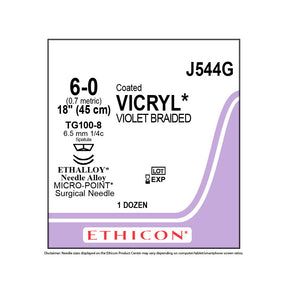 Ethicon COATED VICRYL Suture, Size: 6-0, Needle: TG100-8, TG100-8, VIOLET, 12/bx. MPN: J544G