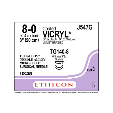 Ethicon COATED VICRYL Suture, Size: 8-0, Needle: TG140-8, TG140-8, VIOLET, 12/bx. MPN: J547G