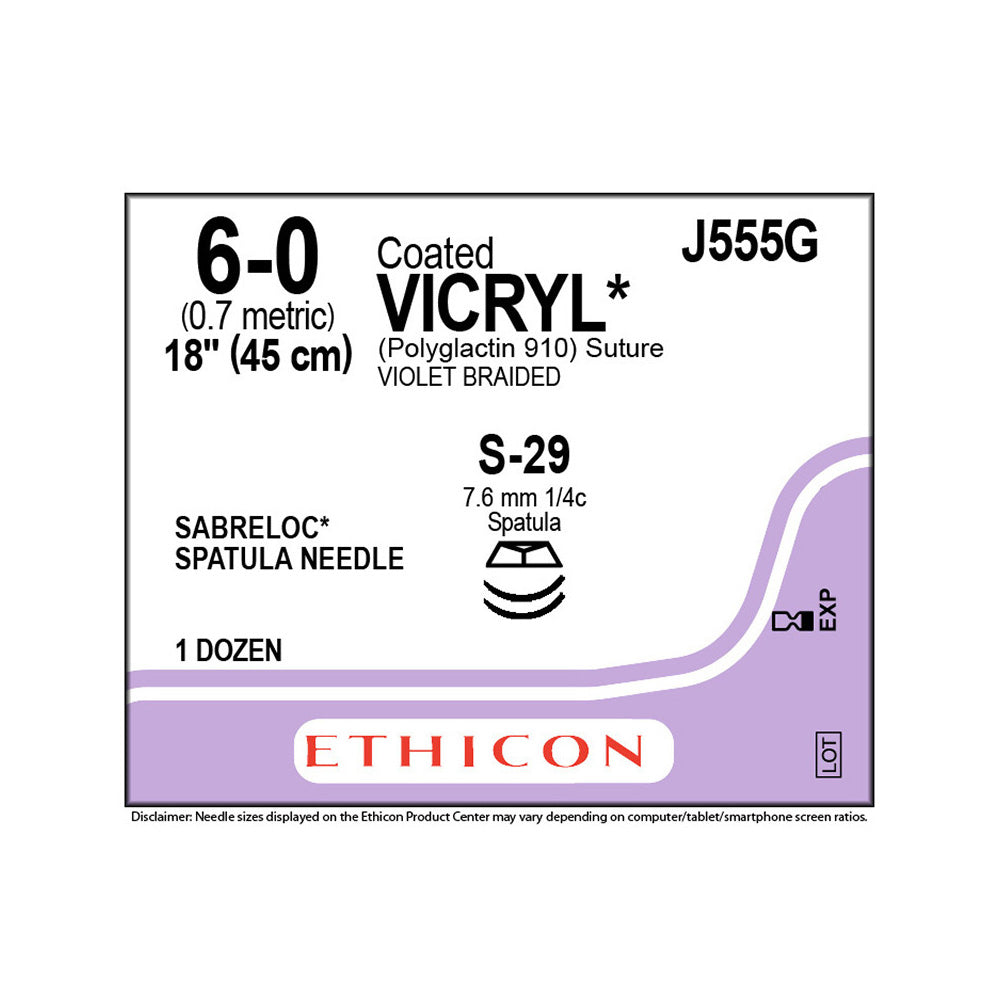 Ethicon COATED VICRYL Suture, Size: 6-0, Needle: S-29, S-29, VIOLET, 12/bx. MPN: J555G