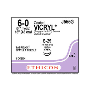 Ethicon COATED VICRYL Suture, Size: 6-0, Needle: S-29, S-29, VIOLET, 12/bx. MPN: J555G