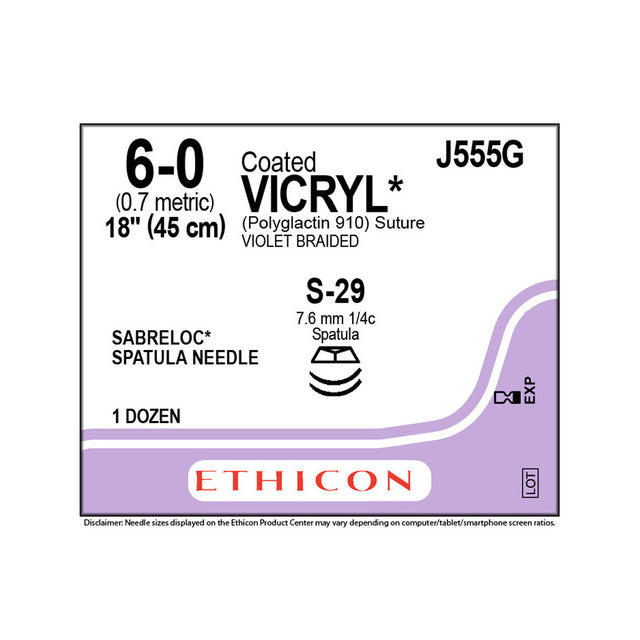 Ethicon COATED VICRYL Suture, Size: 6-0, Needle: S-29, S-29, VIOLET, 12/bx. MPN: J555G