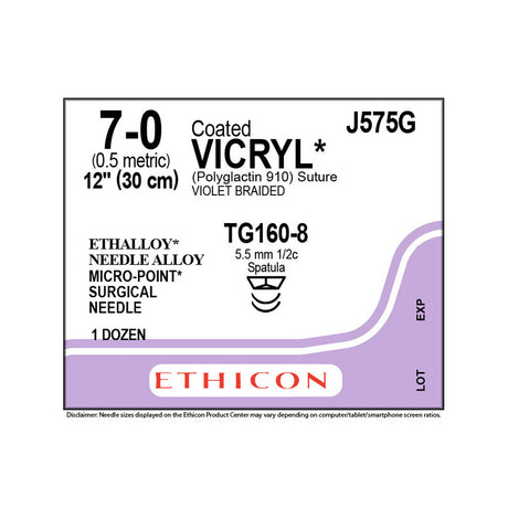Ethicon COATED VICRYL Suture, Size: 7-0, Needle: TG160-8, TG160-8, VIOLET, 12/bx. MPN: J575G