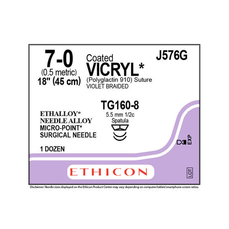 Ethicon COATED VICRYL Suture, Size: 7-0, Needle: TG160-8, TG160-8, VIOLET, 12/bx. MPN: J576G