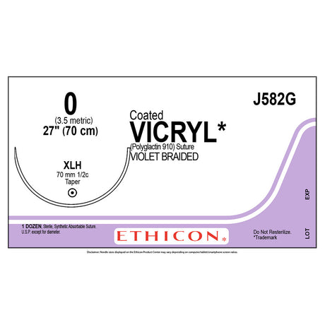 Ethicon COATED VICRYL Suture, Size: 0, Needle: XLH, VIOLET, 12/bx. MPN: J582G