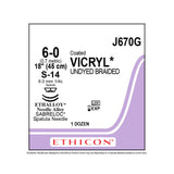 Ethicon COATED VICRYL Suture, Size: 6-0, Needle: S-14, S-14, UNDYED, 12/bx. MPN: J670G