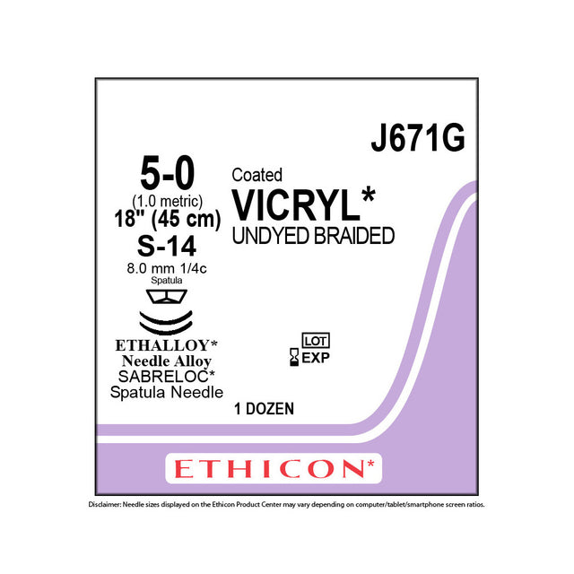Ethicon COATED VICRYL Suture, Size: 5-0, Needle: S-14, S-14, UNDYED, 12/bx. MPN: J671G