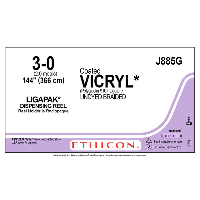 Ethicon COATED VICRYL Suture, Size: 3-0, Needle: LIGAPAK Reel, UNDYED, 12/bx. MPN: J885G