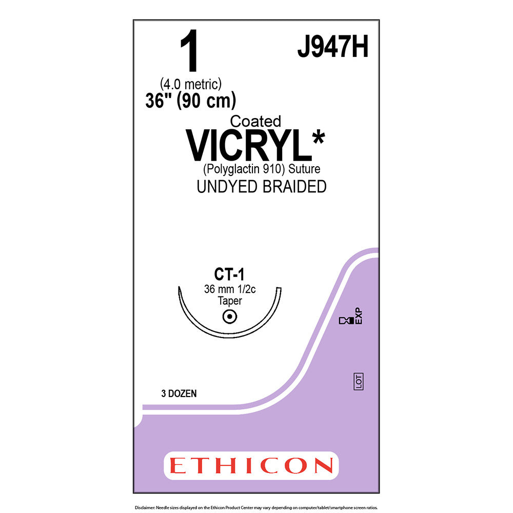 Ethicon COATED VICRYL Suture, Size: 1, Needle: CT-1, UNDYED, 36/bx. MPN: J947H