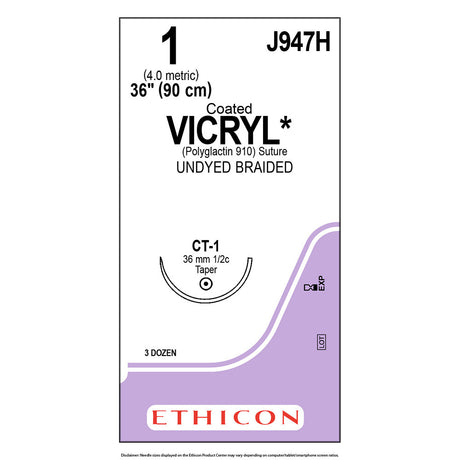 Ethicon COATED VICRYL Suture, Size: 1, Needle: CT-1, UNDYED, 36/bx. MPN: J947H