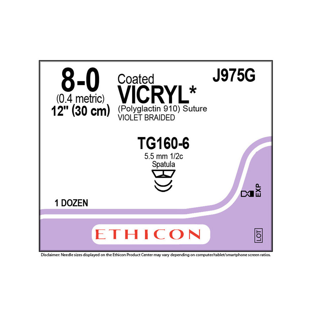 Ethicon COATED VICRYL Suture, Size: 8-0, Needle: TG160-6, TG160-6, VIOLET, 12/bx. MPN: J975G