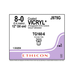 Ethicon COATED VICRYL Suture, Size: 8-0, Needle: TG160-6, TG160-6, VIOLET, 12/bx. MPN: J975G