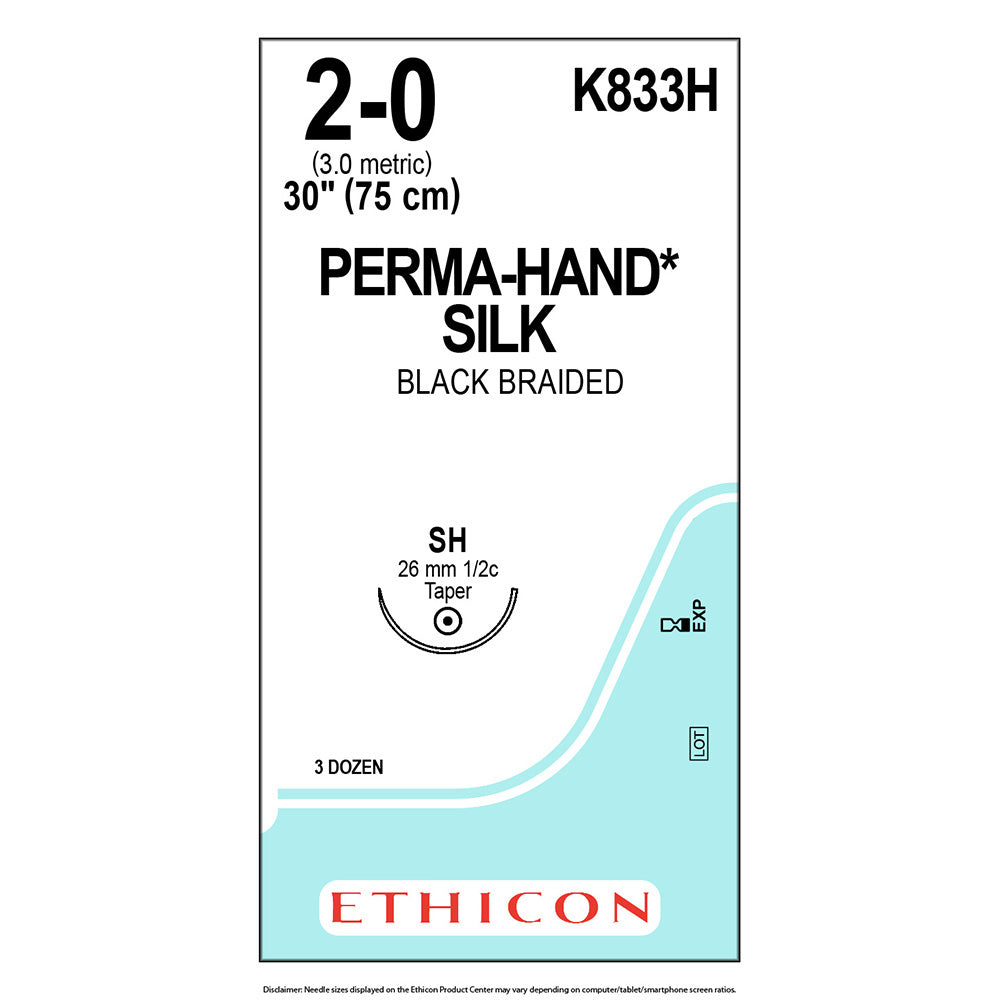 Ethicon PERMAHAND Silk Suture, Size: 2-0, Needle: SH, BLACK, 36/bx. MPN: K833H