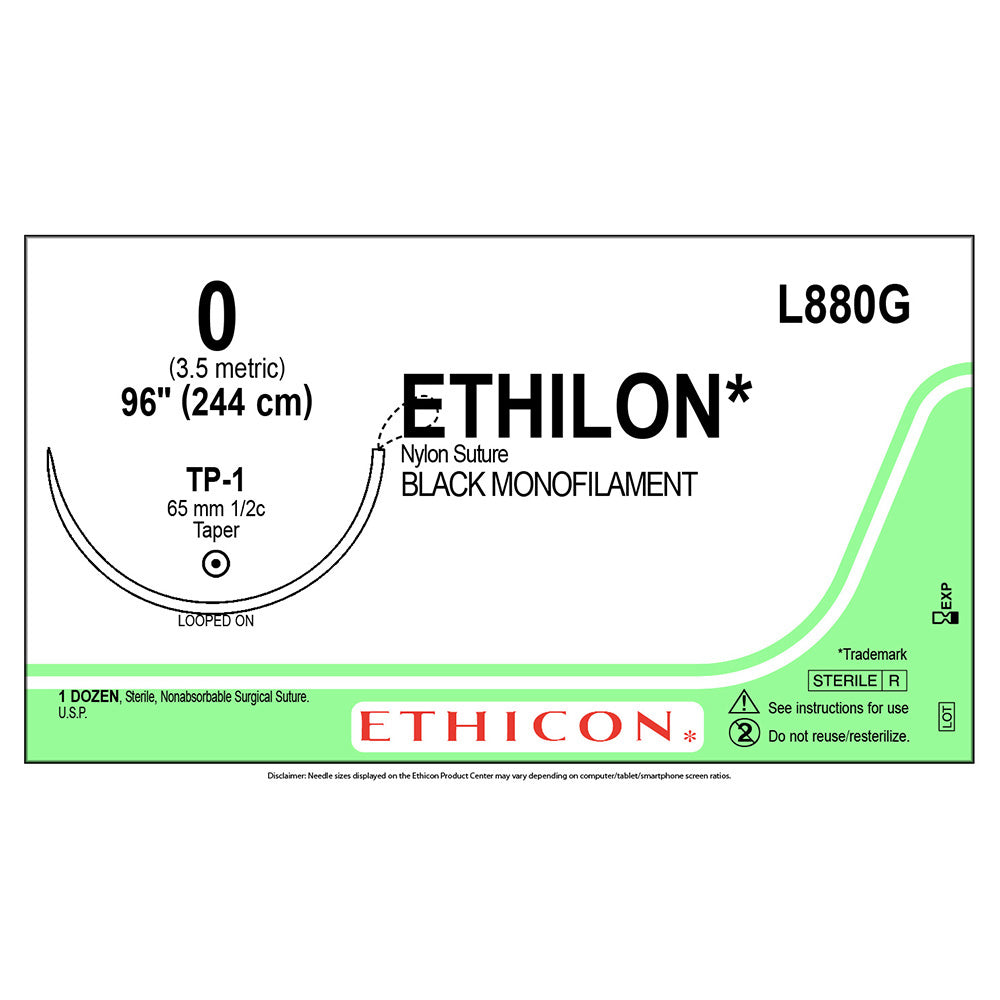 Ethicon ETHILON Nylon Suture, Size: 0, Needle: TP-1, BLACK, 12/bx. MPN: L880G