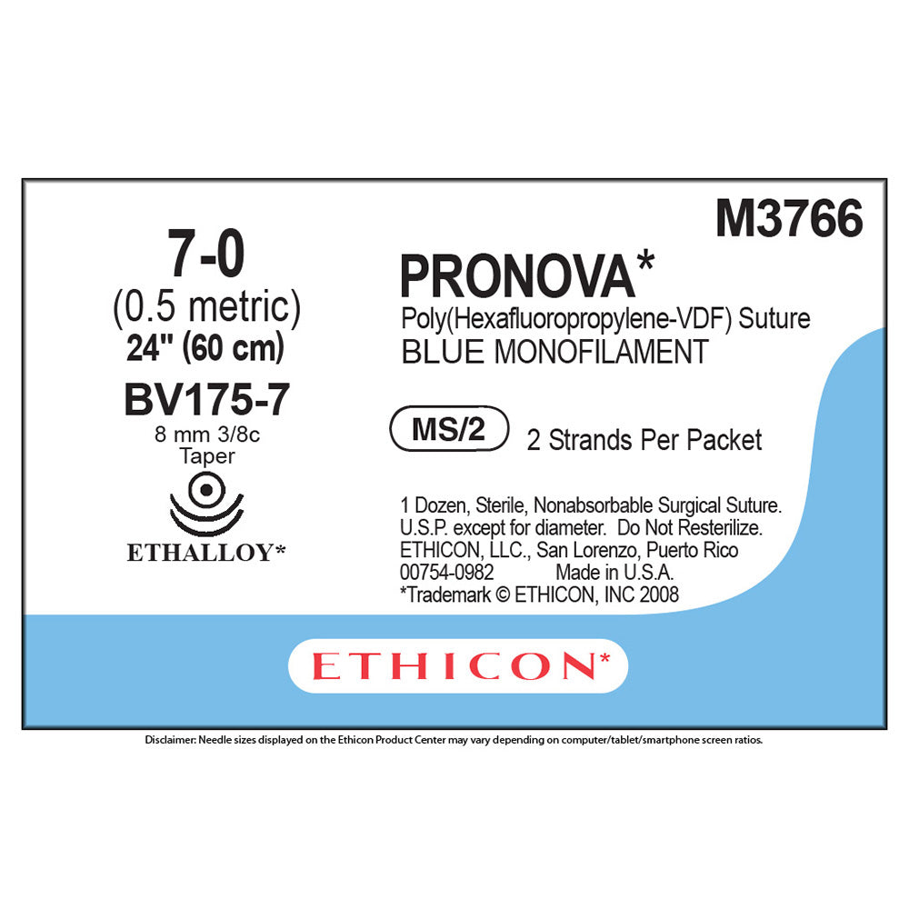 Ethicon PRONOVA Poly Suture, Size: 7-0, Needle: BV175-7, BV175-7, BLUE, 12/bx. MPN: M3766
