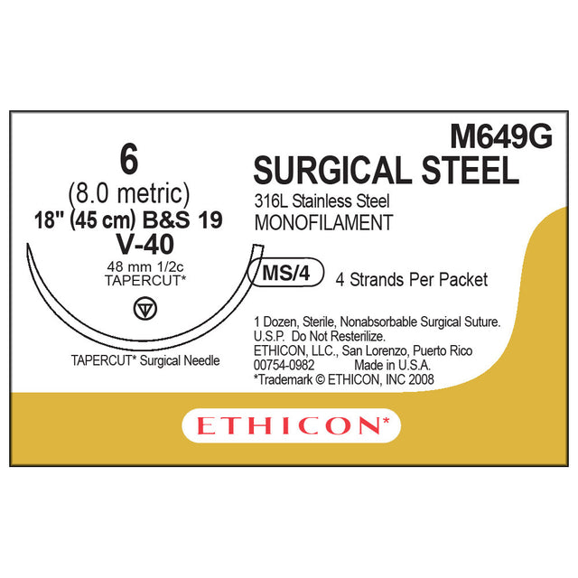 Ethicon Surgical Stainless Steel Suture, Size: 6, Needle: V-40, SILVER, 12/bx. MPN: M649G