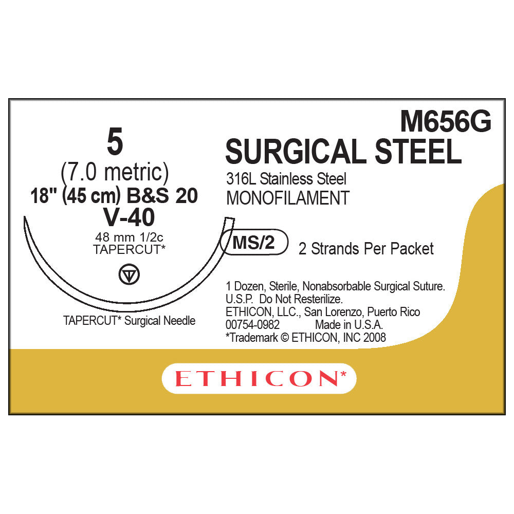Ethicon Surgical Stainless Steel Suture, Size: 5, Needle: V-40, SILVER, 12/bx. MPN: M656G