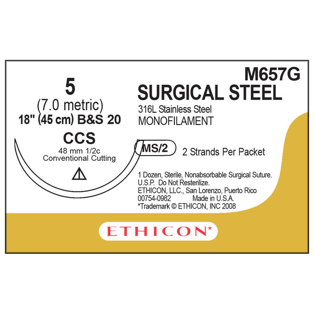 Ethicon Surgical Stainless Steel Suture, Size: 5, Needle: CCS, SILVER, 12/bx. MPN: M657G