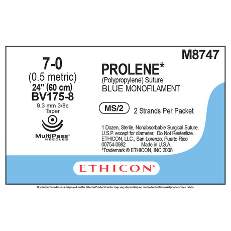 Ethicon PROLENE Polypropylene Suture, Size: 7-0, Needle: BV175-8, BV175-8, BLUE, 12/bx. MPN: M8747