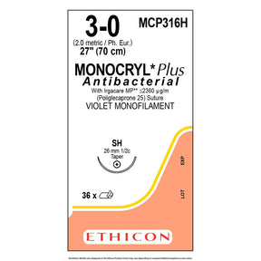 Ethicon MONOCRYL Plus Antibacterial Suture, Size: 3-0, Needle: SH, VIOLET, 36/bx. MPN: MCP316H
