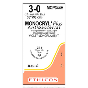 Ethicon MONOCRYL Plus Antibacterial Suture, Size: 3-0, Needle: CT-1, VIOLET, 36/bx. MPN: MCP344H