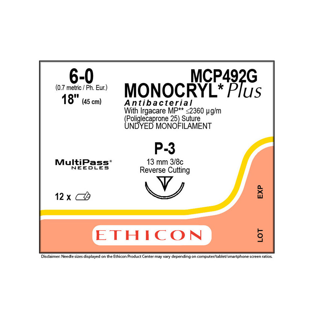 Ethicon MONOCRYL Plus Antibacterial Suture, Size: 6-0, Needle: P-3, UNDYED, 12/bx. MPN: MCP492G