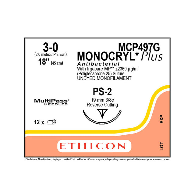 Ethicon MONOCRYL Plus Antibacterial Suture, Size: 3-0, Needle: PS-2, UNDYED, 12/bx. MPN: MCP497G