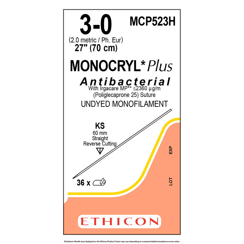 Ethicon MONOCRYL Plus Antibacterial Suture, Size: 3-0, Needle: KS, UNDYED, 36/bx. MPN: MCP523H