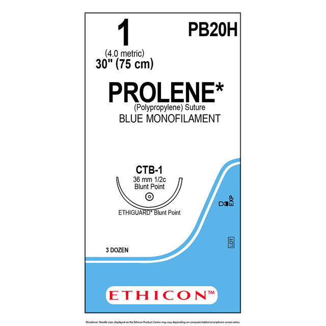 Ethicon PROLENE Polypropylene Suture, Size: 1, Needle: CTB-1, BLUE, 36/bx. MPN: PB20H