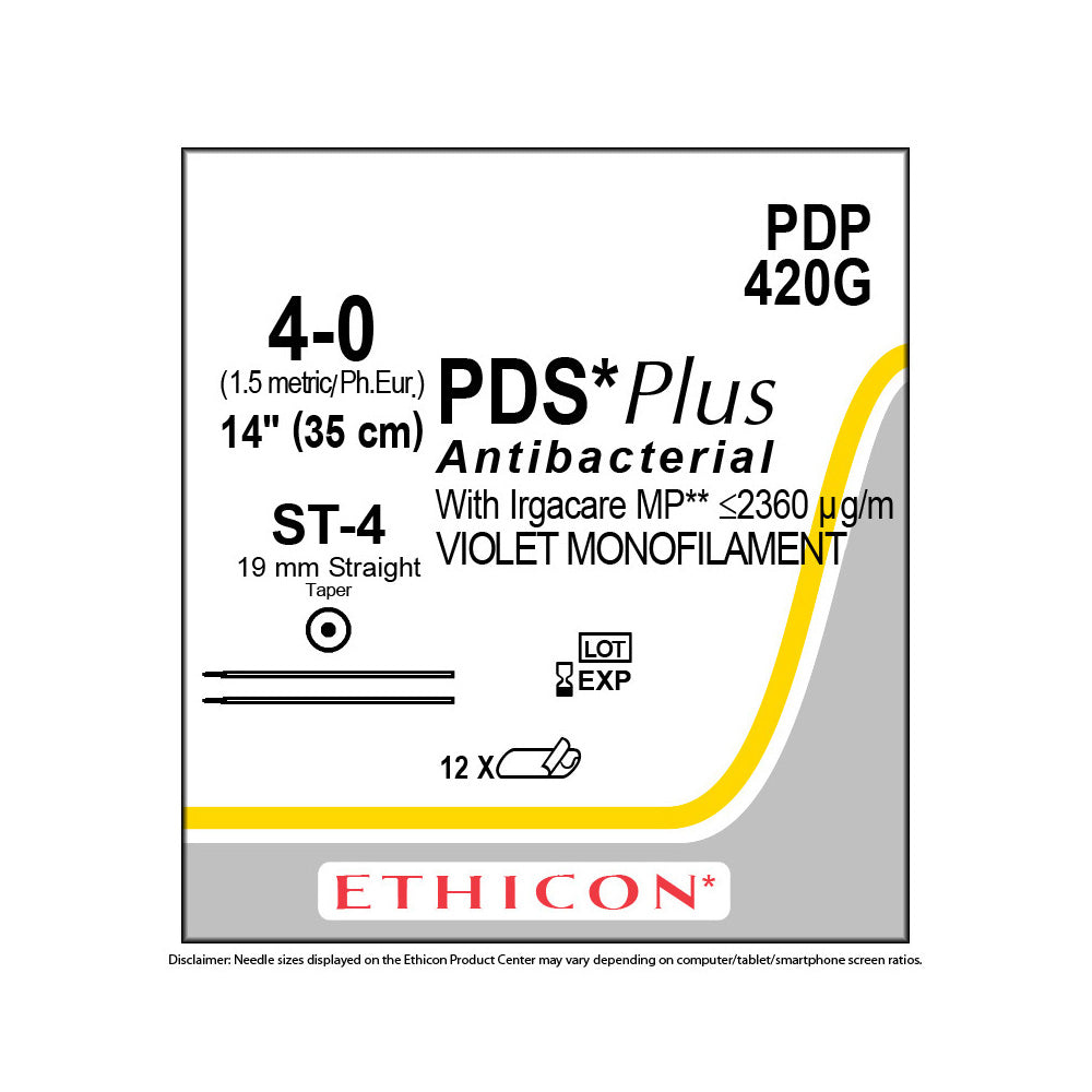 Ethicon PDS Plus Antibacterial Suture, Size: 4-0, Needle: ST-4, ST-4, VIOLET, 12/bx. MPN: PDP420G