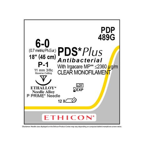 Ethicon PDS Plus Antibacterial Suture, Size: 6-0, Needle: P-1, UNDYED, 12/bx. MPN: PDP489G