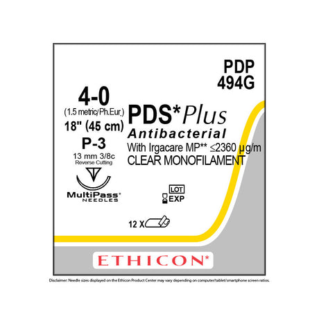 Ethicon PDS Plus Antibacterial Suture, Size: 4-0, Needle: P-3, UNDYED, 12/bx. MPN: PDP494G