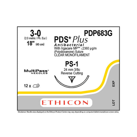 Ethicon PDS Plus Antibacterial Suture, Size: 3-0, Needle: PS-1, UNDYED, 12/bx. MPN: PDP683G