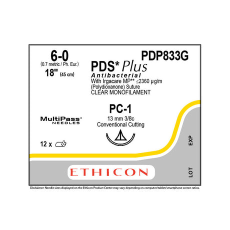 Ethicon PDS Plus Antibacterial Suture, Size: 6-0, Needle: PC-1, UNDYED, 12/bx. MPN: PDP833G