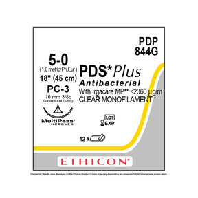 Ethicon PDS Plus Antibacterial Suture, Size: 5-0, Needle: PC-3, UNDYED, 12/bx. MPN: PDP844G