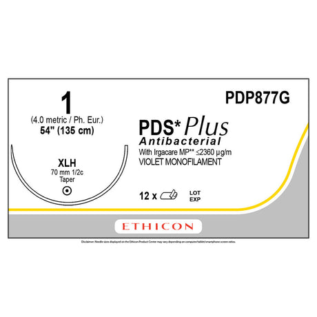 Ethicon PDS Plus Antibacterial Suture, Size: 1, Needle: XLH, VIOLET, 12/bx. MPN: PDP877G